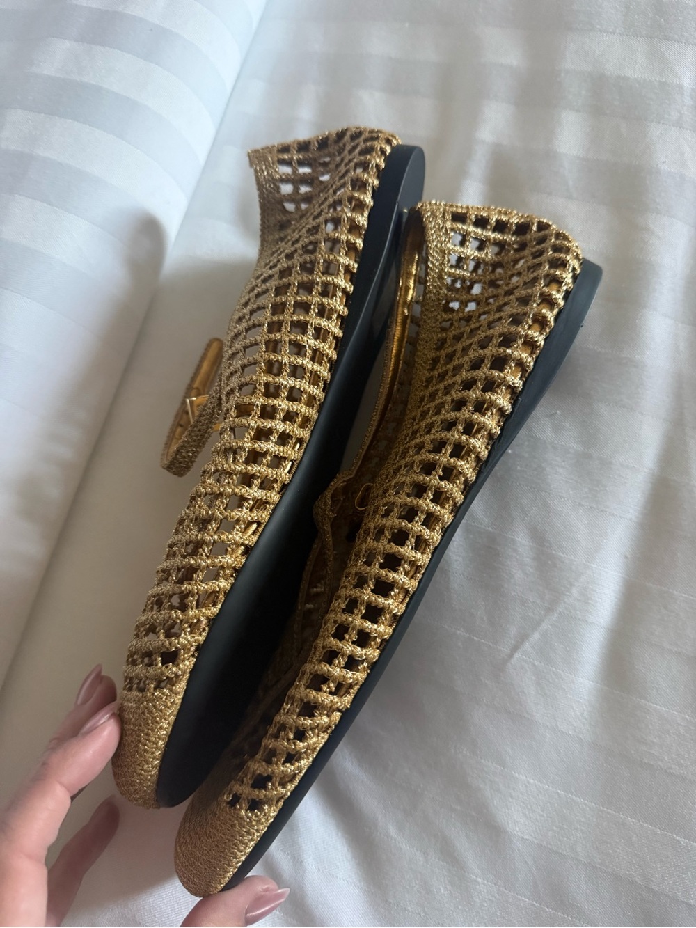 Prada Crochet Mary Jane Flats in Metallic Gold-Tan - Picture 3 of 8